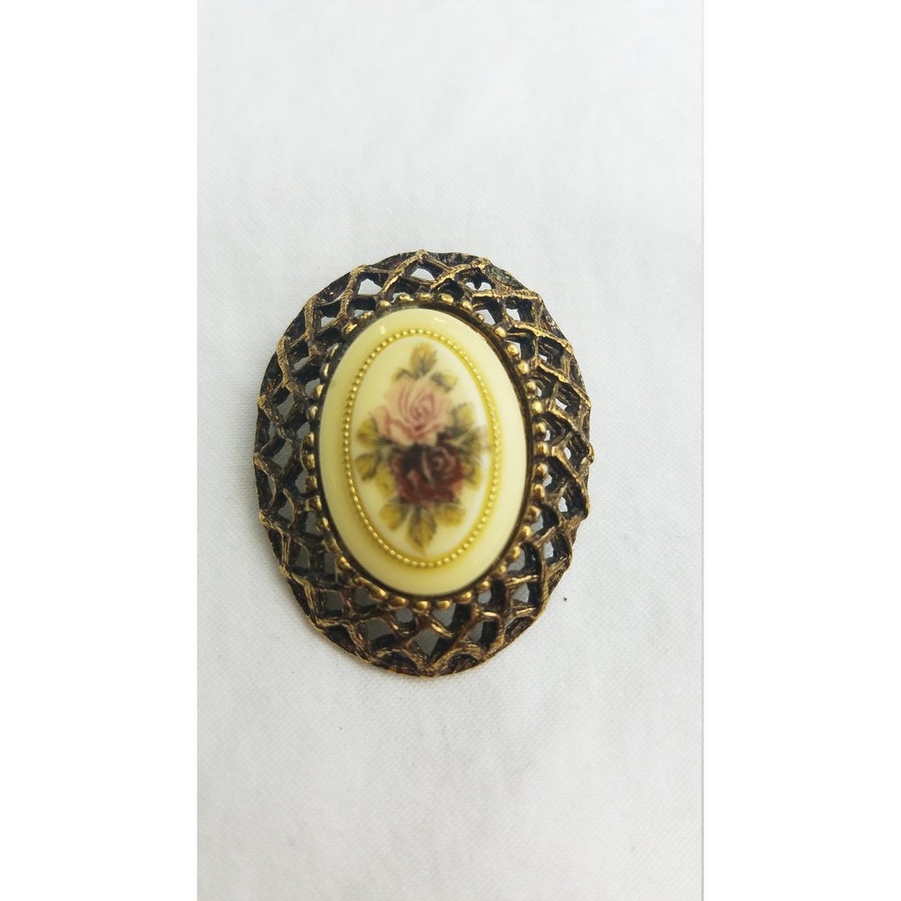Vintage cameo brooch brass plastic center rose flower cottagecore victorian